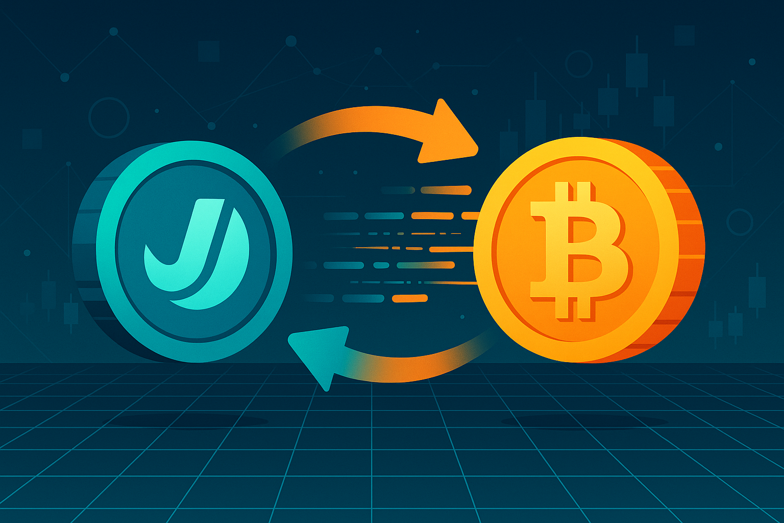 INJ to BTC swap illustration with digital coins, arrow, and data grid