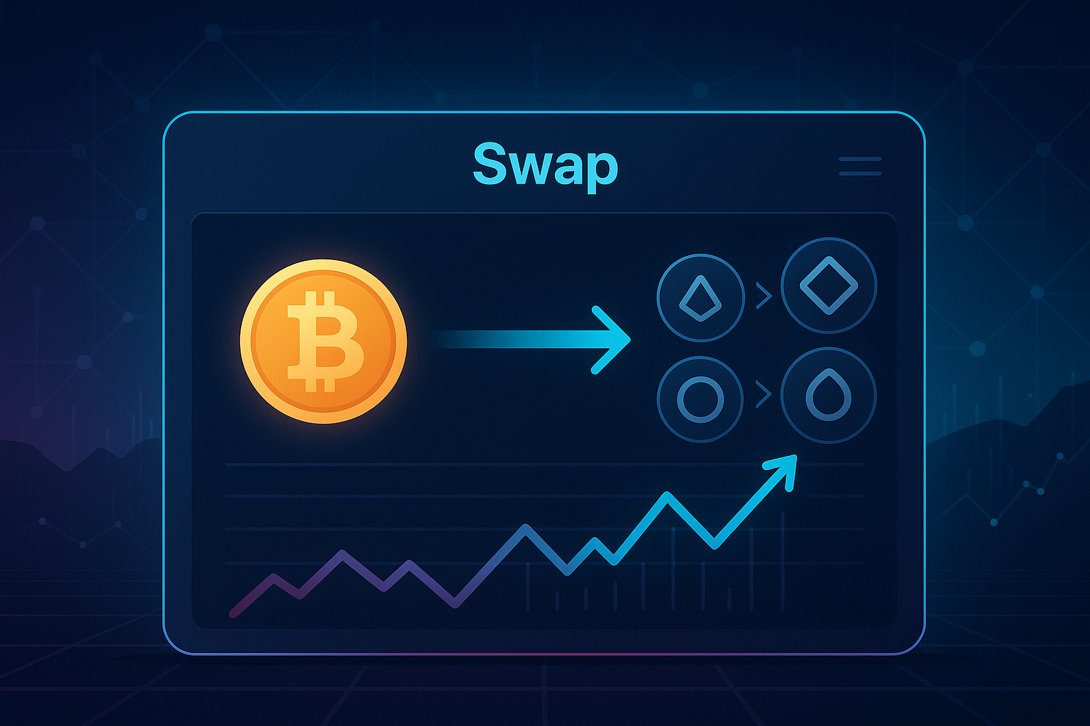 Futuristic crypto swap interface showing Bitcoin exchanging to multiple coins