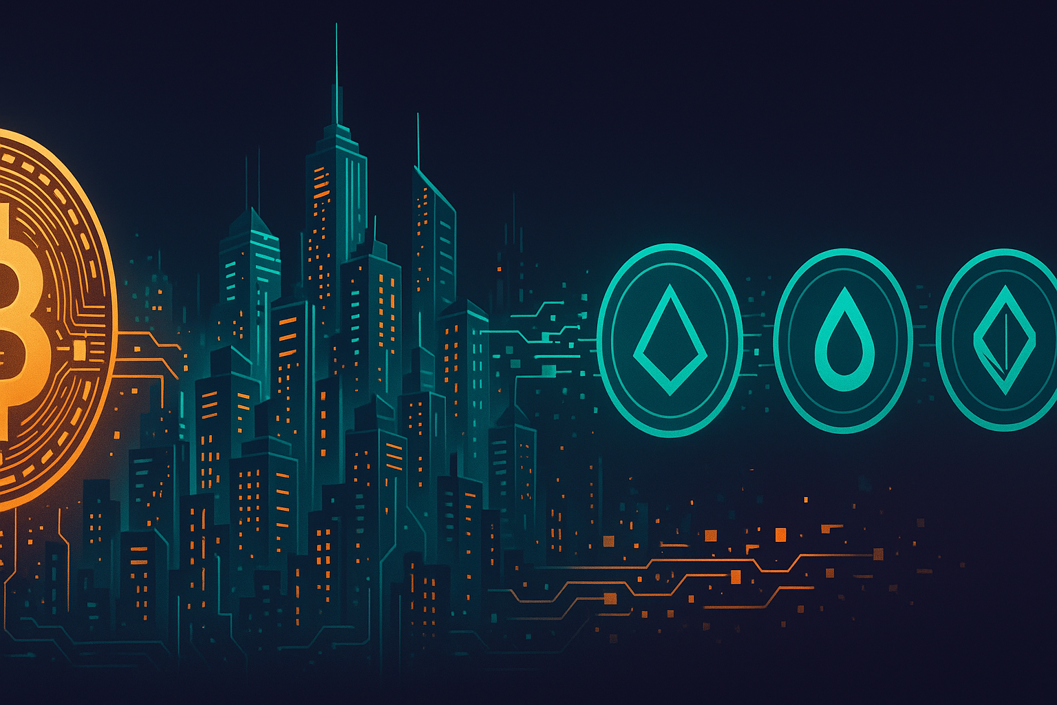 Cyberpunk crypto skyline showing Bitcoin swapping into multiple altcoins