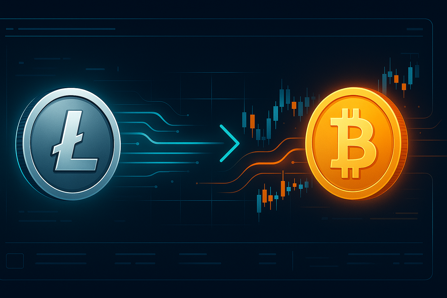 Futuristic crypto banner showing LTC to BTC swap with charts and data streams