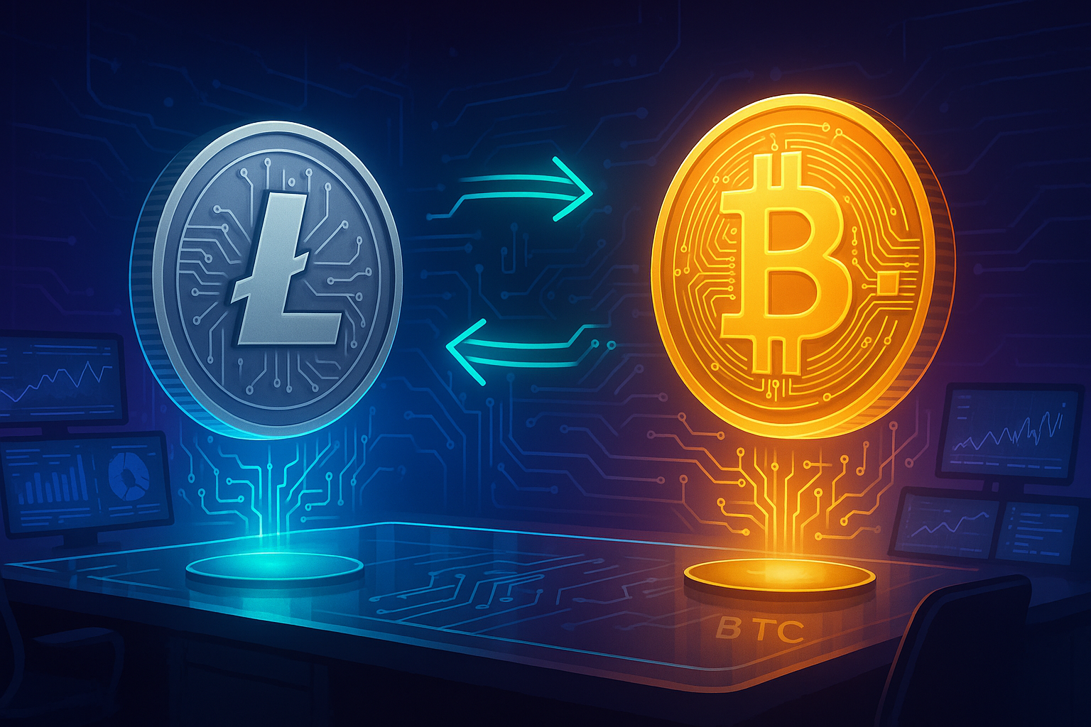 Futuristic crypto control room visualizing an LTC to BTC swap with holographic coins