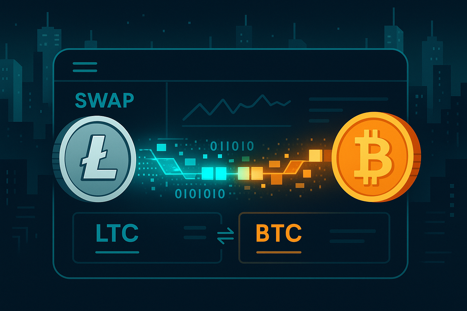 Decentralized exchange dashboard showing LTC to BTC crypto swap path