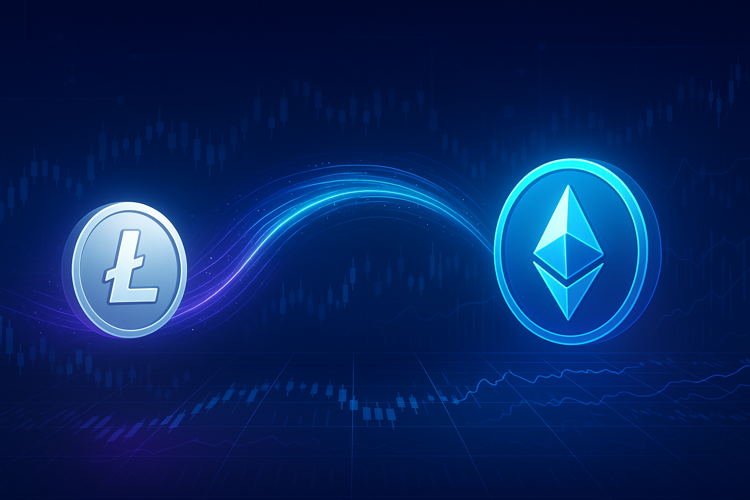 Digital exchange dashboard showing LTC coin swapping into ETH with data charts