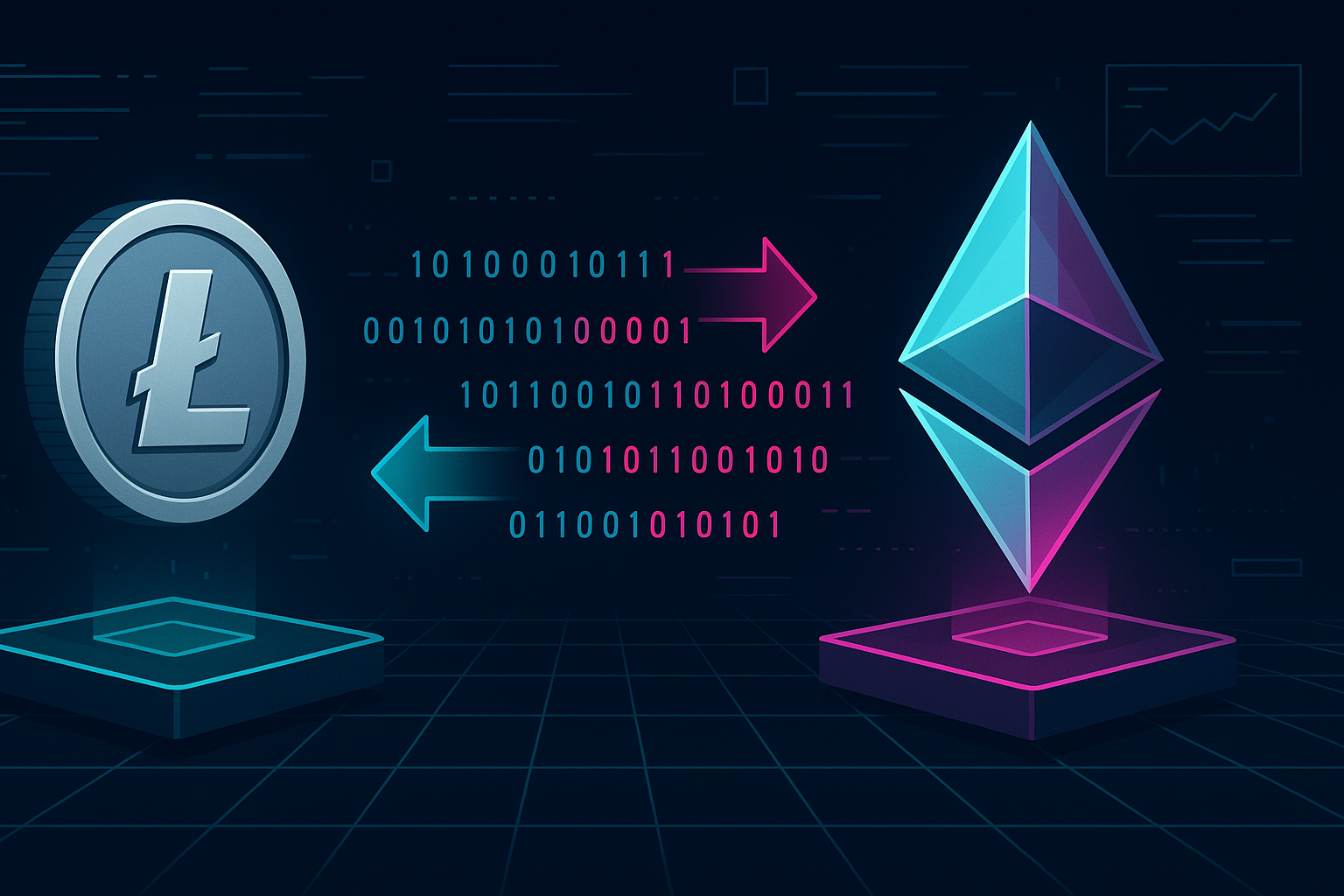 Futuristic crypto banner showing LTC-style coin swapping to ETH-style coin in digital cyberspace