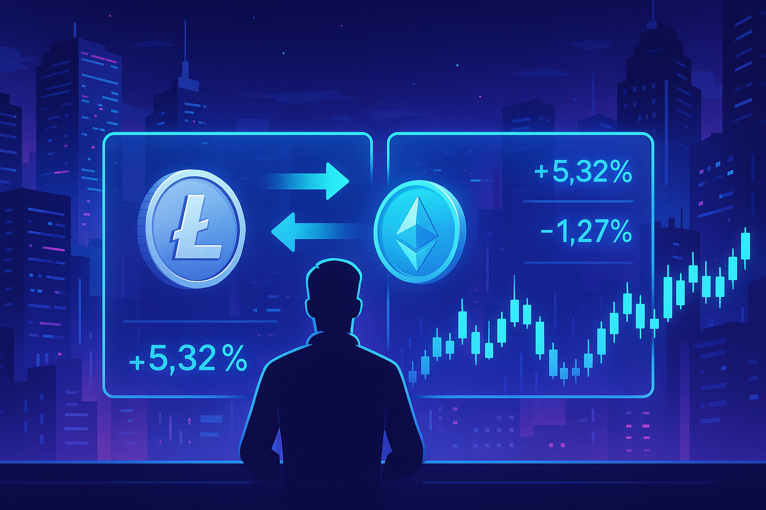 Virtual trading terminal swapping LTC to ETH in neon cyber city