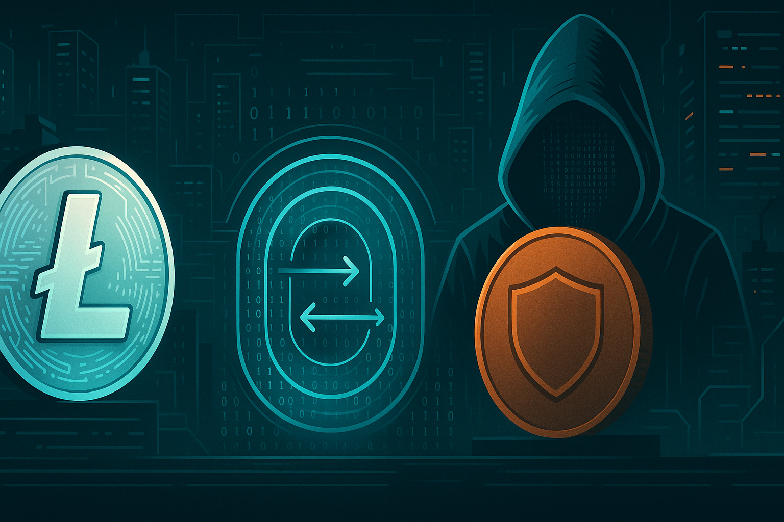Cinematic cyberpunk graphic showing LTC to XMR non‑custodial swap with privacy focus