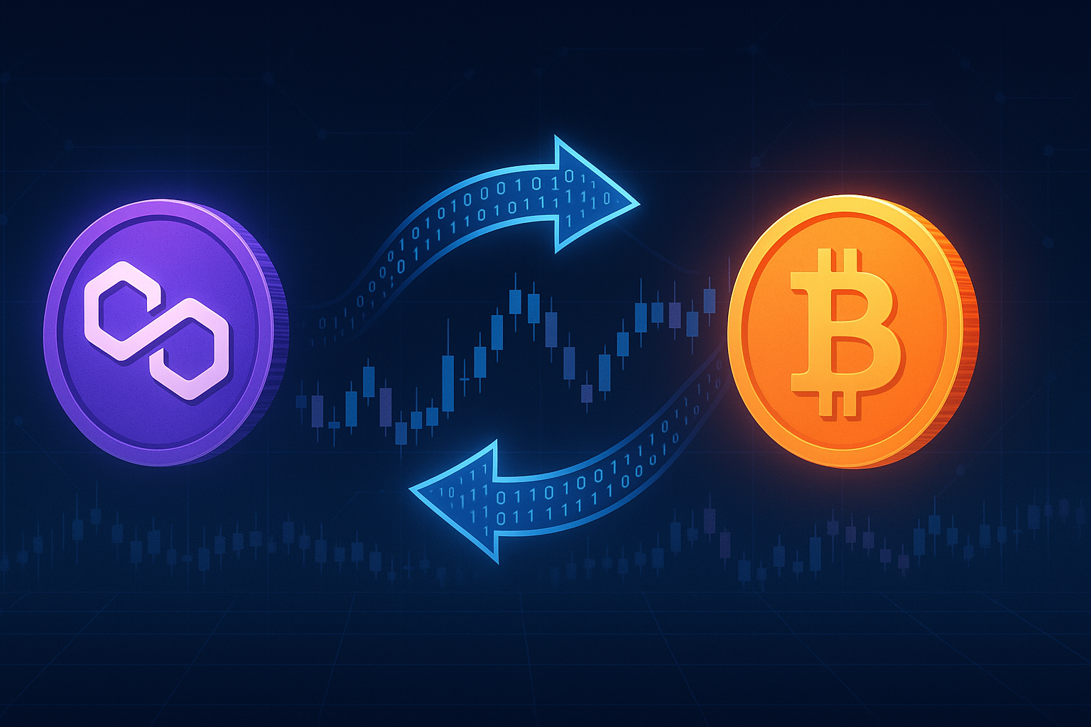 Modern crypto banner showing MATIC-like coin swapping to BTC-like coin via digital exchange interface