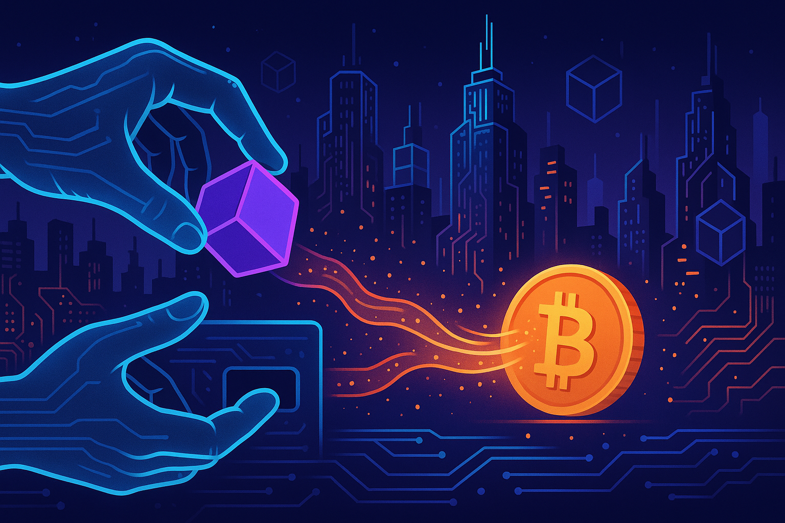 Cyberpunk city with holographic hands swapping a MATIC token for a BTC coin