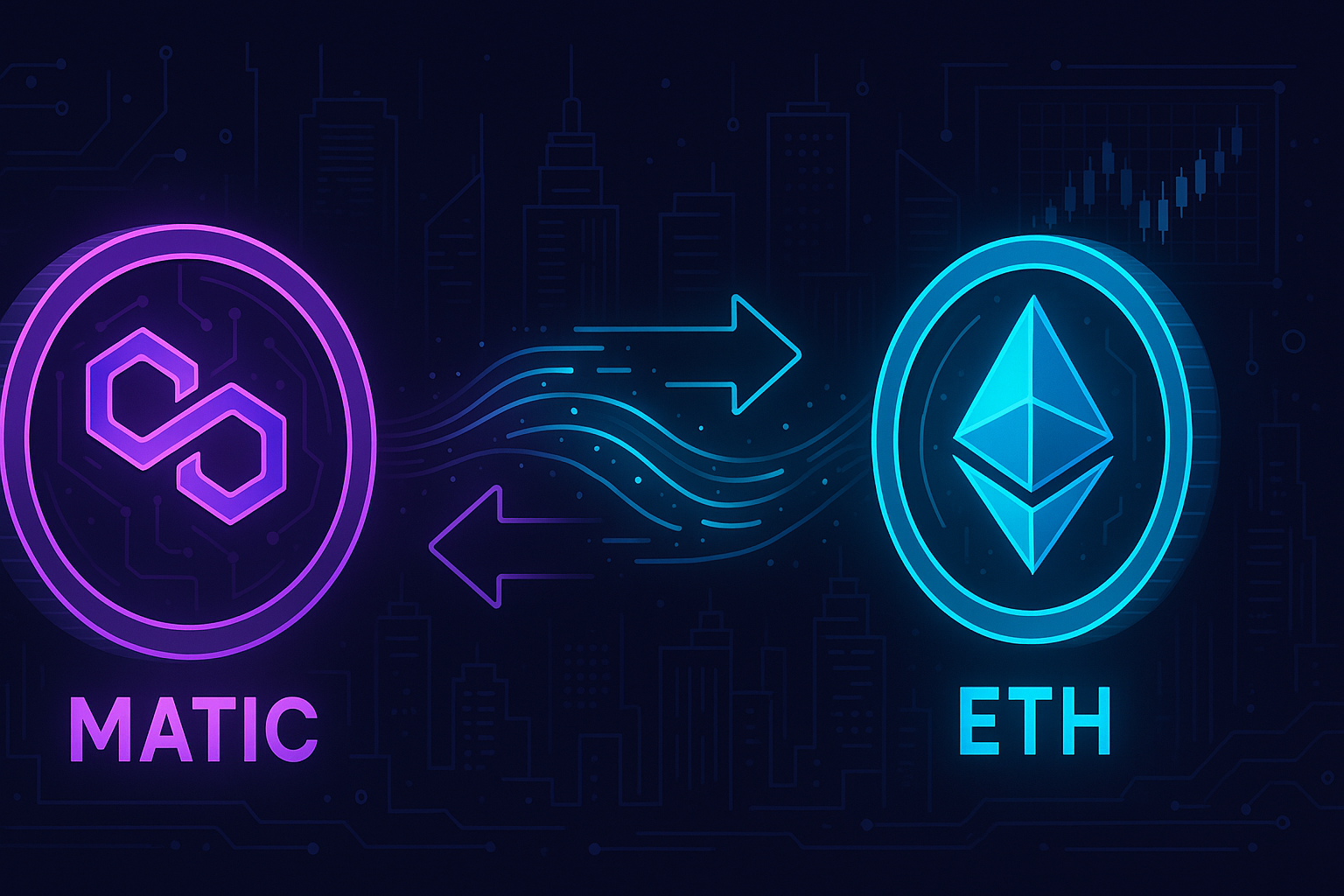 Futuristic crypto dashboard showing MATIC to ETH token swap in neon style