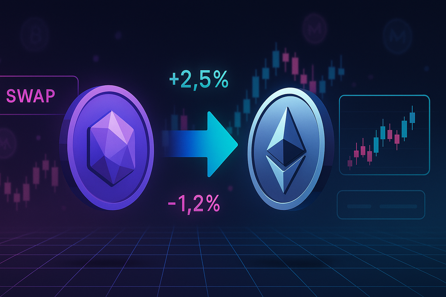 Cyberpunk trading UI showing MATIC to ETH swap with neon crypto charts