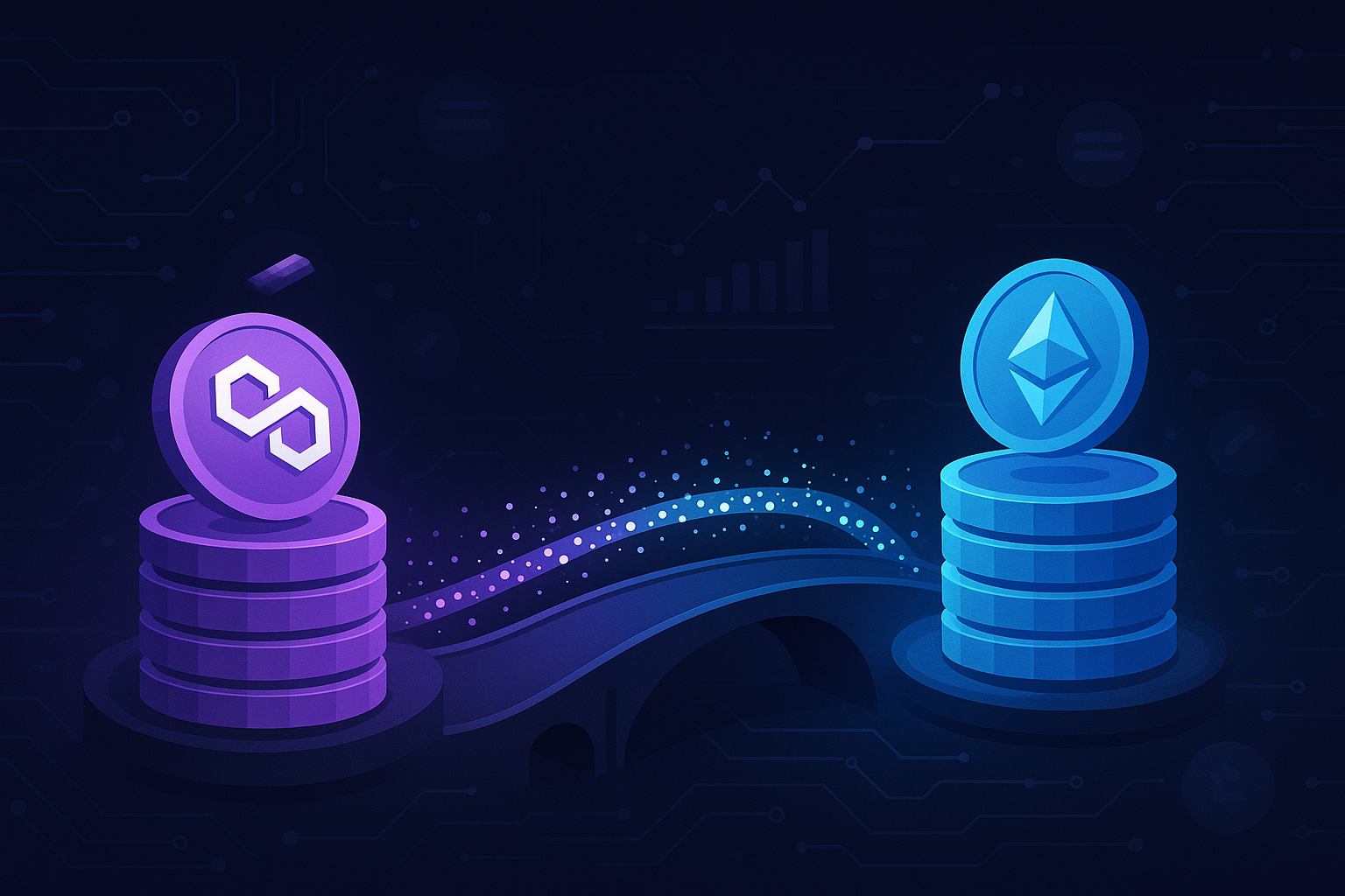 Futuristic DeFi bridge visualizing a private MATIC to ETH swap