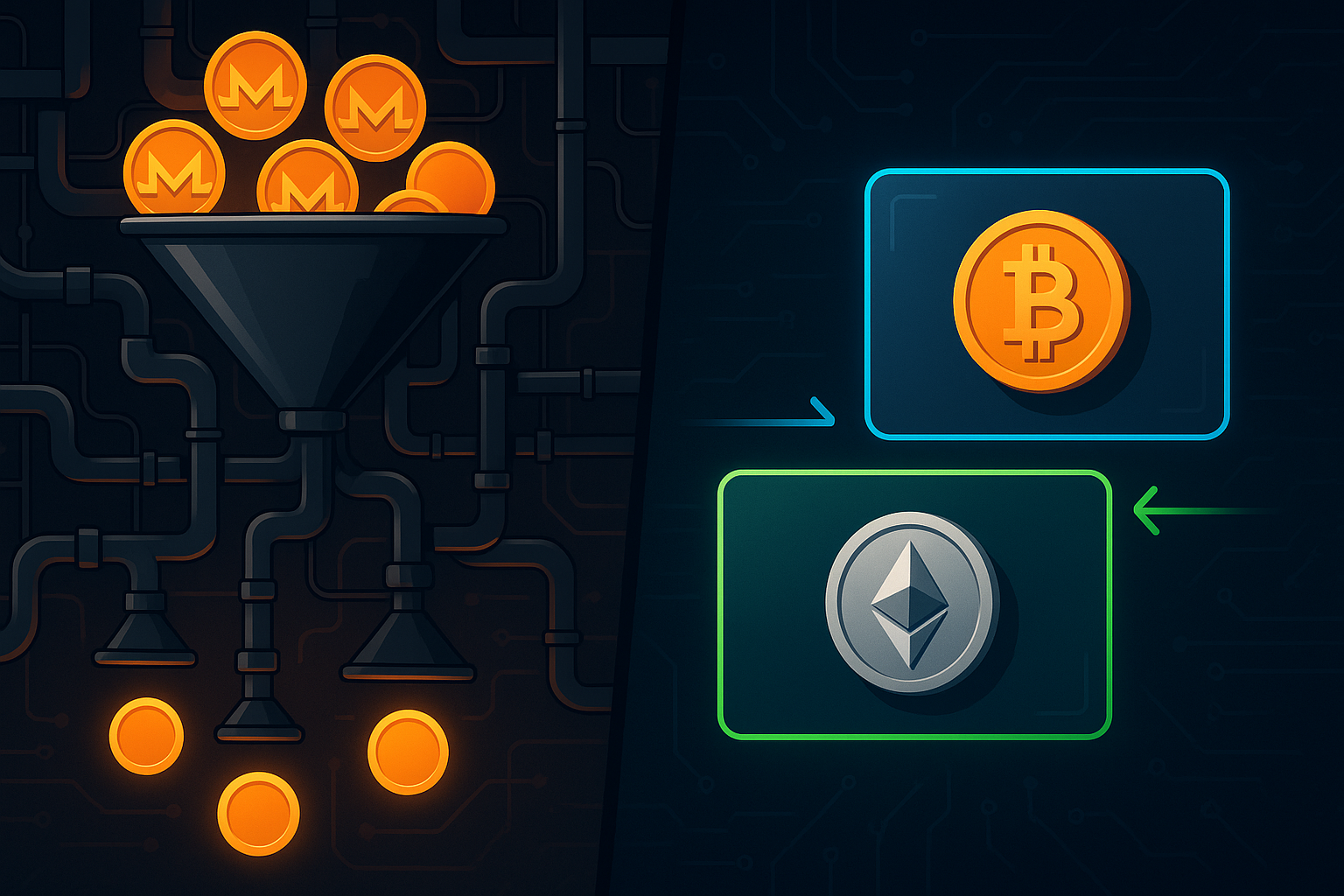 Split-screen comparison of a complex Monero-style coin mixer vs a simple non-KYC crypto swap interface