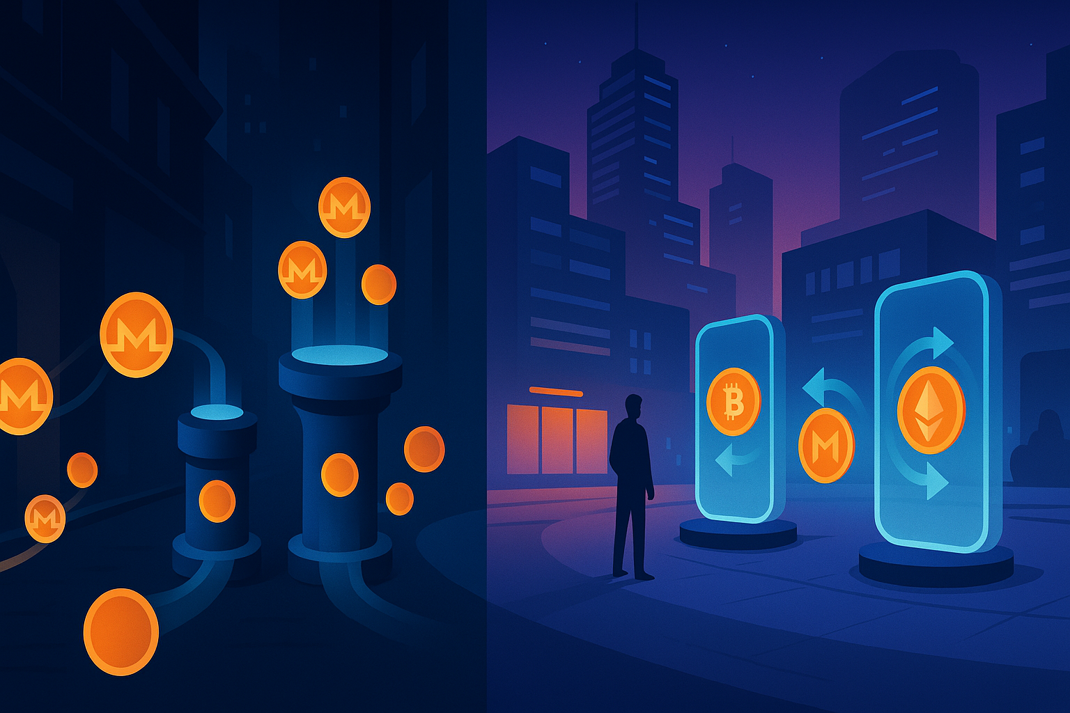 Futuristic crypto city banner contrasting Monero mixers with non-KYC swaps at night