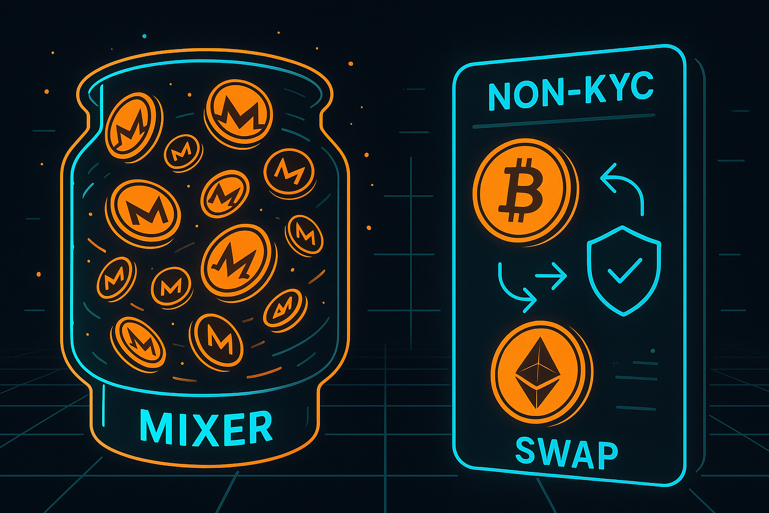 Illustration comparing a Monero mixer drum to a non-KYC crypto swap terminal