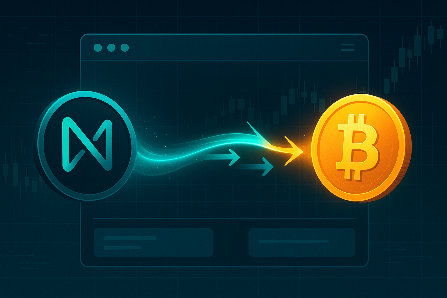 Futuristic crypto dashboard visualizing a NEAR to BTC swap bridge