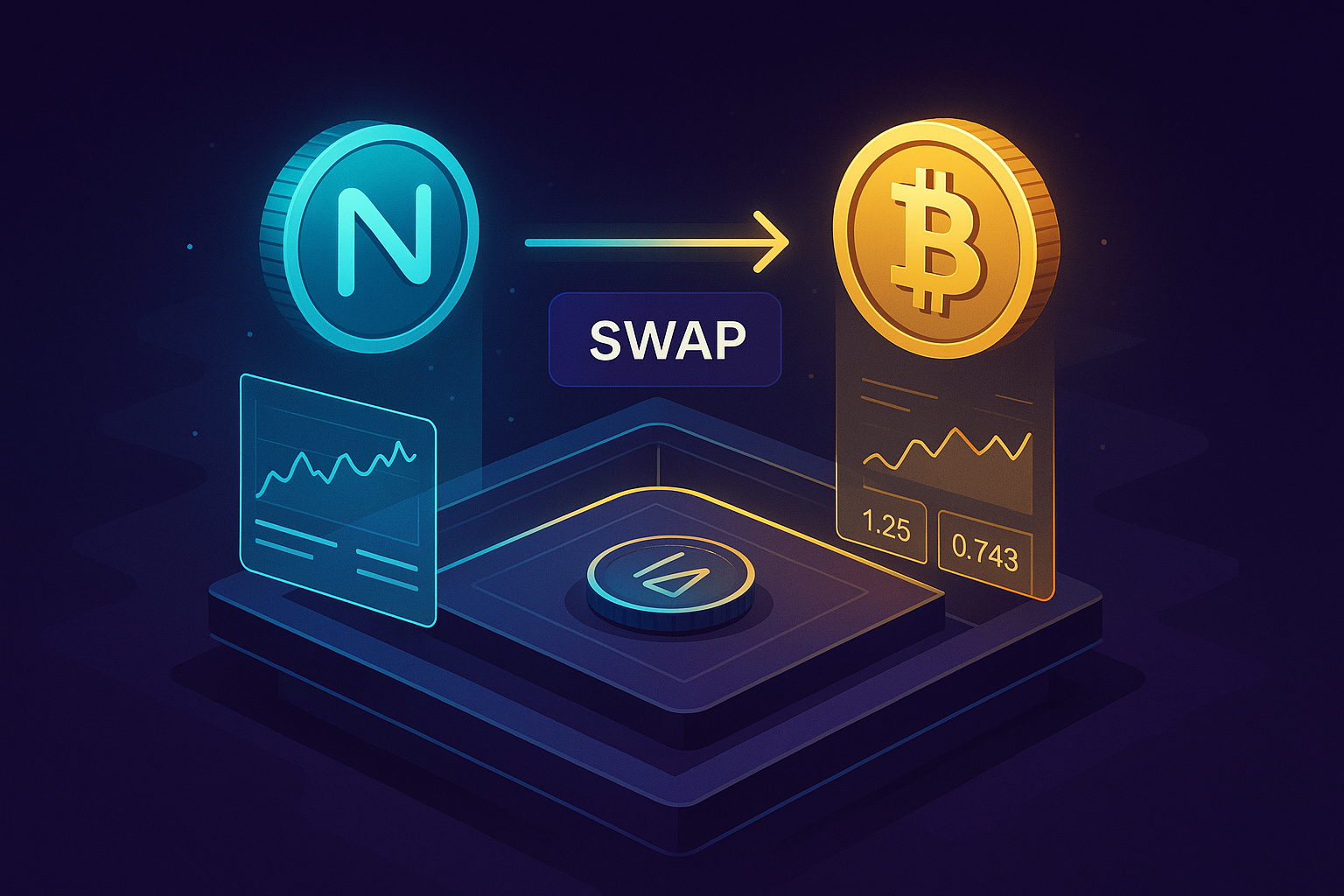 Futuristic decentralized terminal illustrating a NEAR to BTC crypto swap