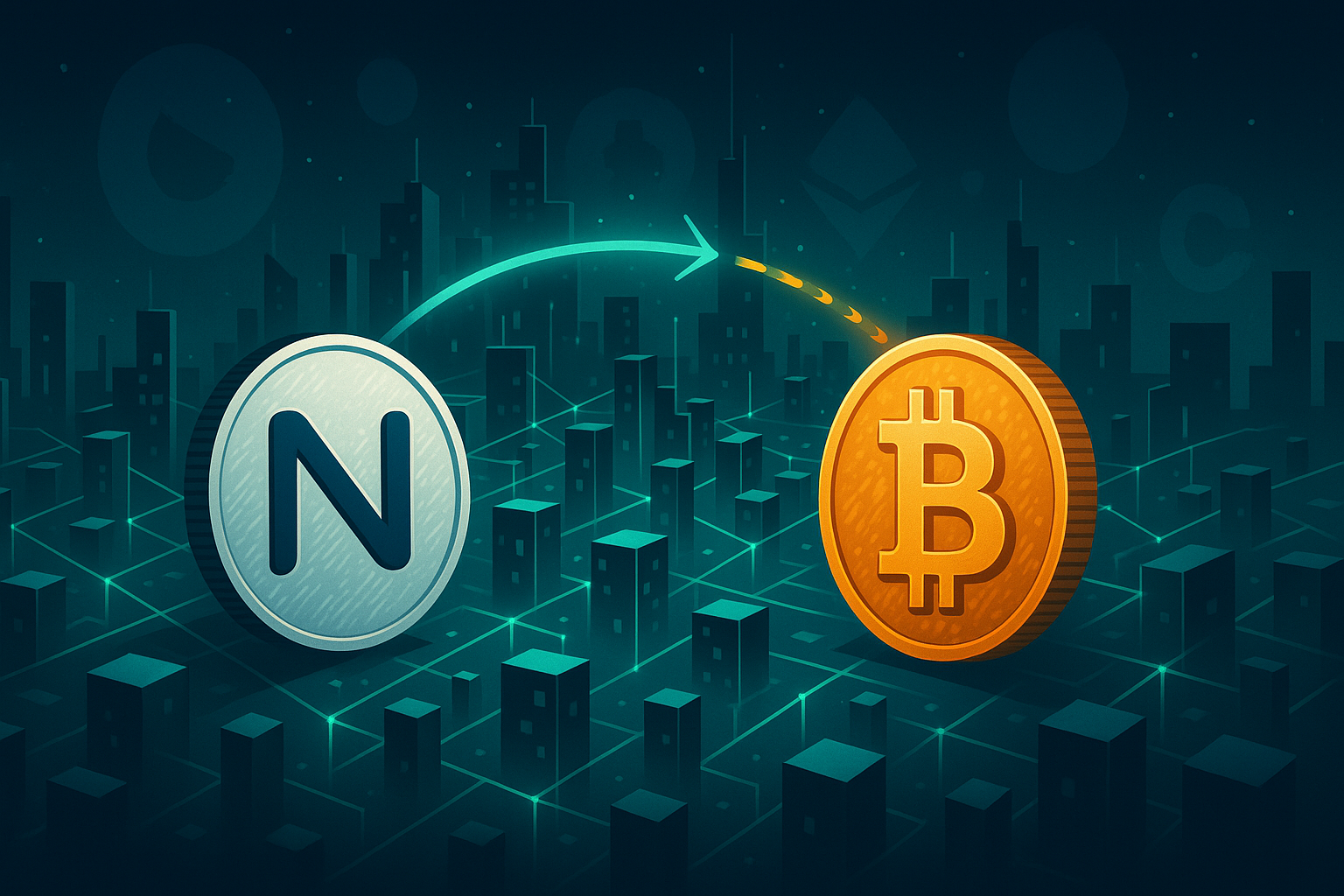 Near to BTC swap banner with connected crypto coins and data city