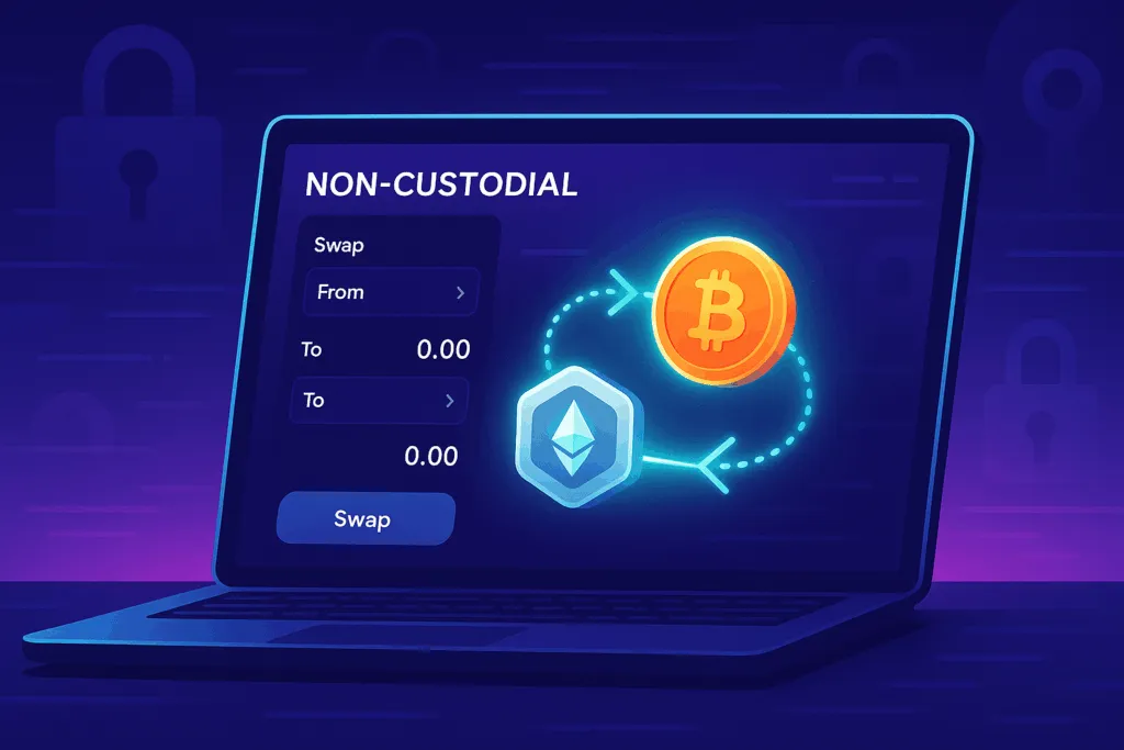 Non-custodial crypto swap dashboard with decentralized coin exchange on a futuristic laptop