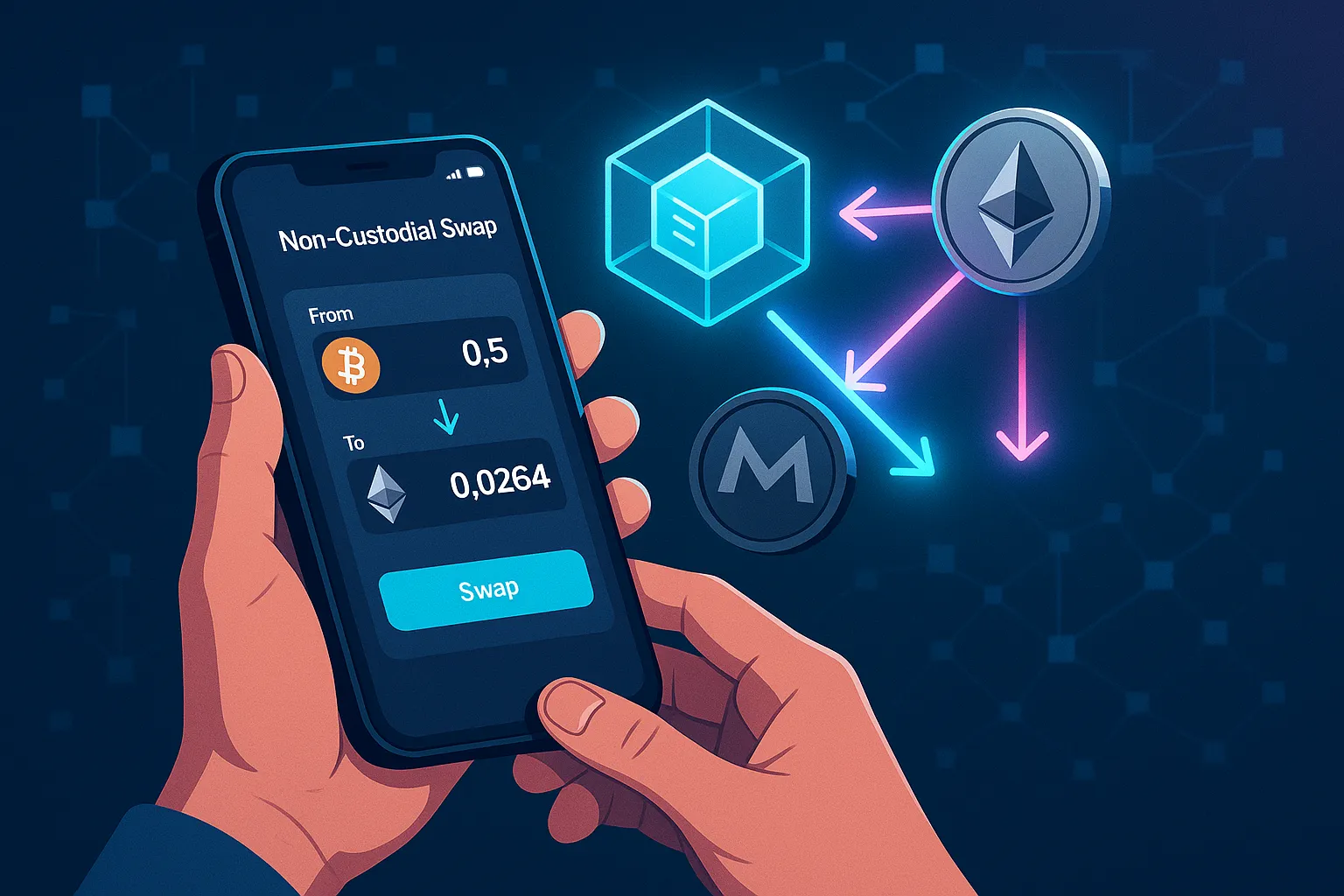 User holding phone with non-custodial crypto swap between Bitcoin, Ethereum and Monero