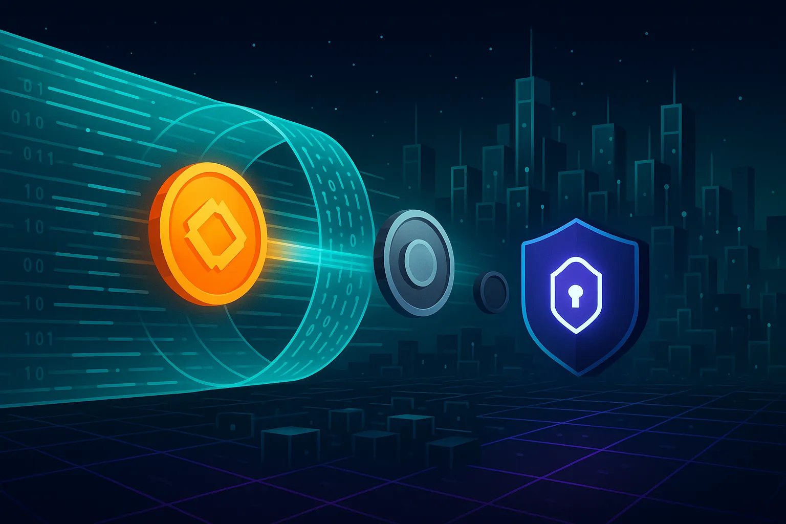 Cyberpunk landscape showing non-custodial crypto swap with glowing coin orbs entering shield wallet