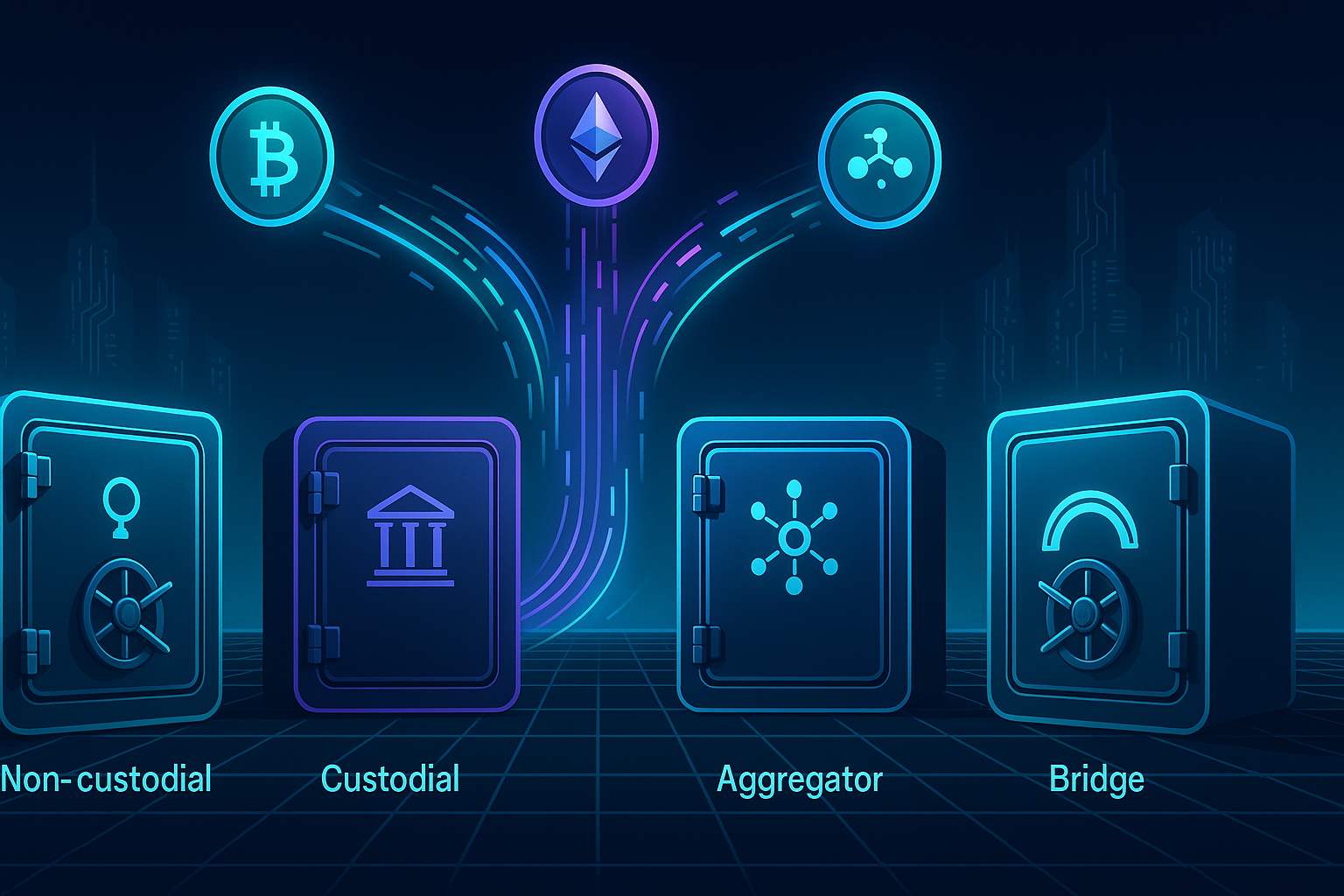 Futuristic crypto vaults showing non-custodial, custodial, aggregator and bridge options