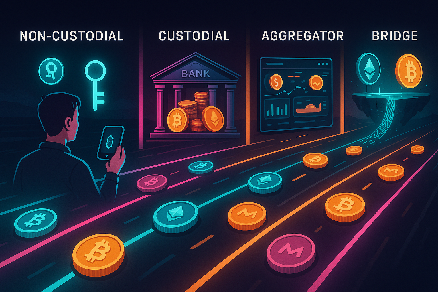 Futuristic digital highway showing non-custodial, custodial, aggregator, and bridge crypto paths