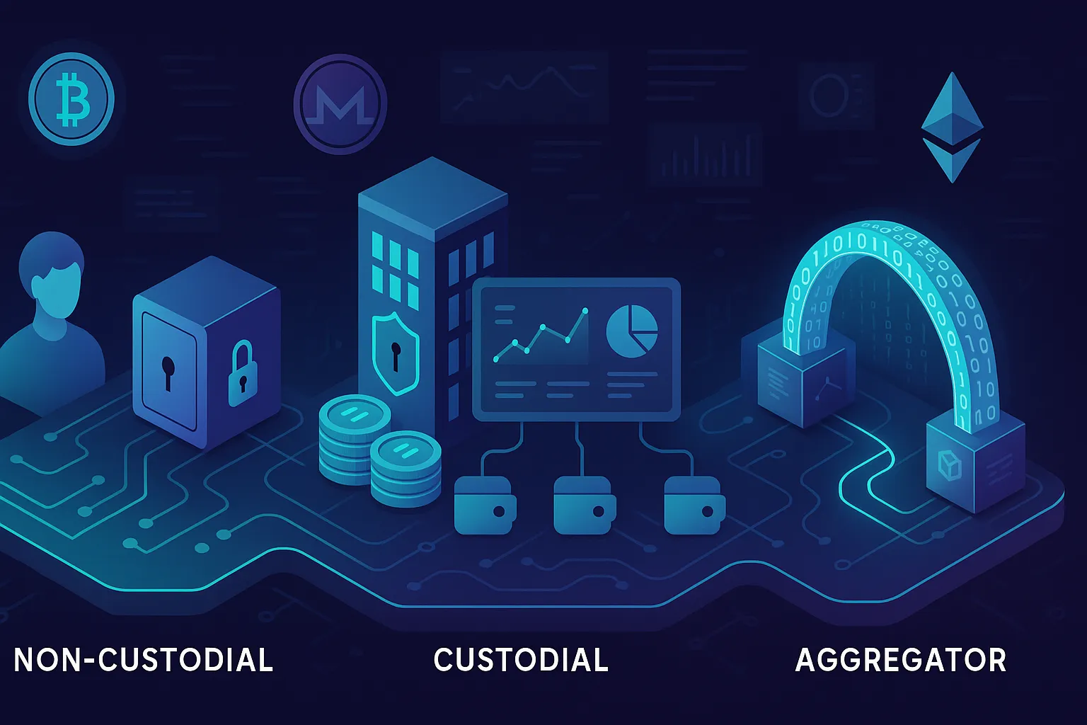 Illustration comparing non-custodial, custodial, aggregator and bridge crypto platforms