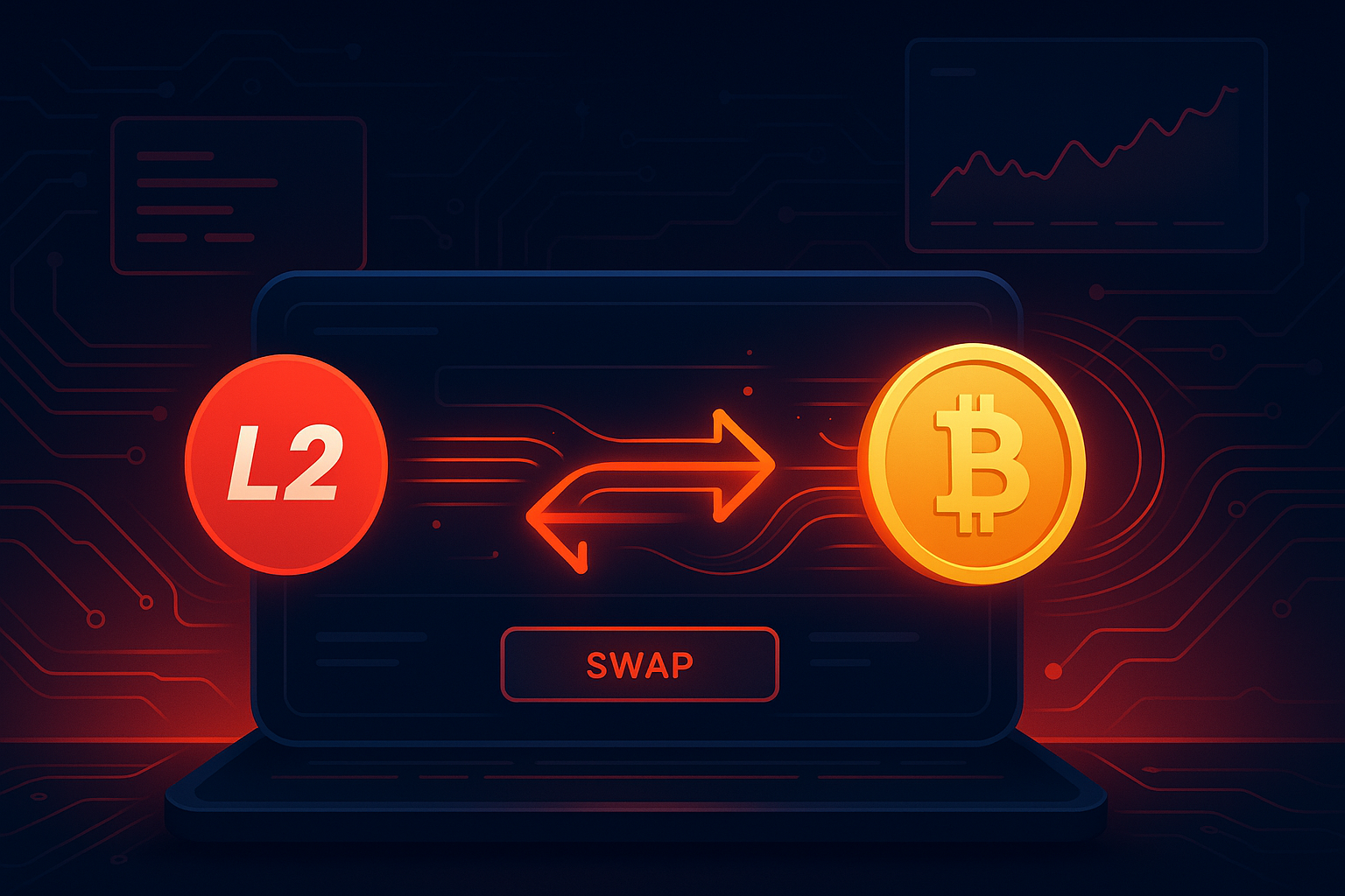 Futuristic crypto terminal visualizing an OP to BTC swap with dynamic flow lines