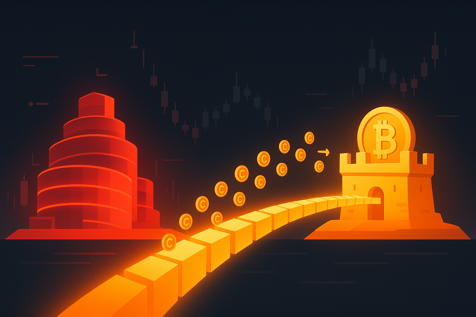 Digital bridge swapping tokens from Optimism-style L2 city to Bitcoin fortress