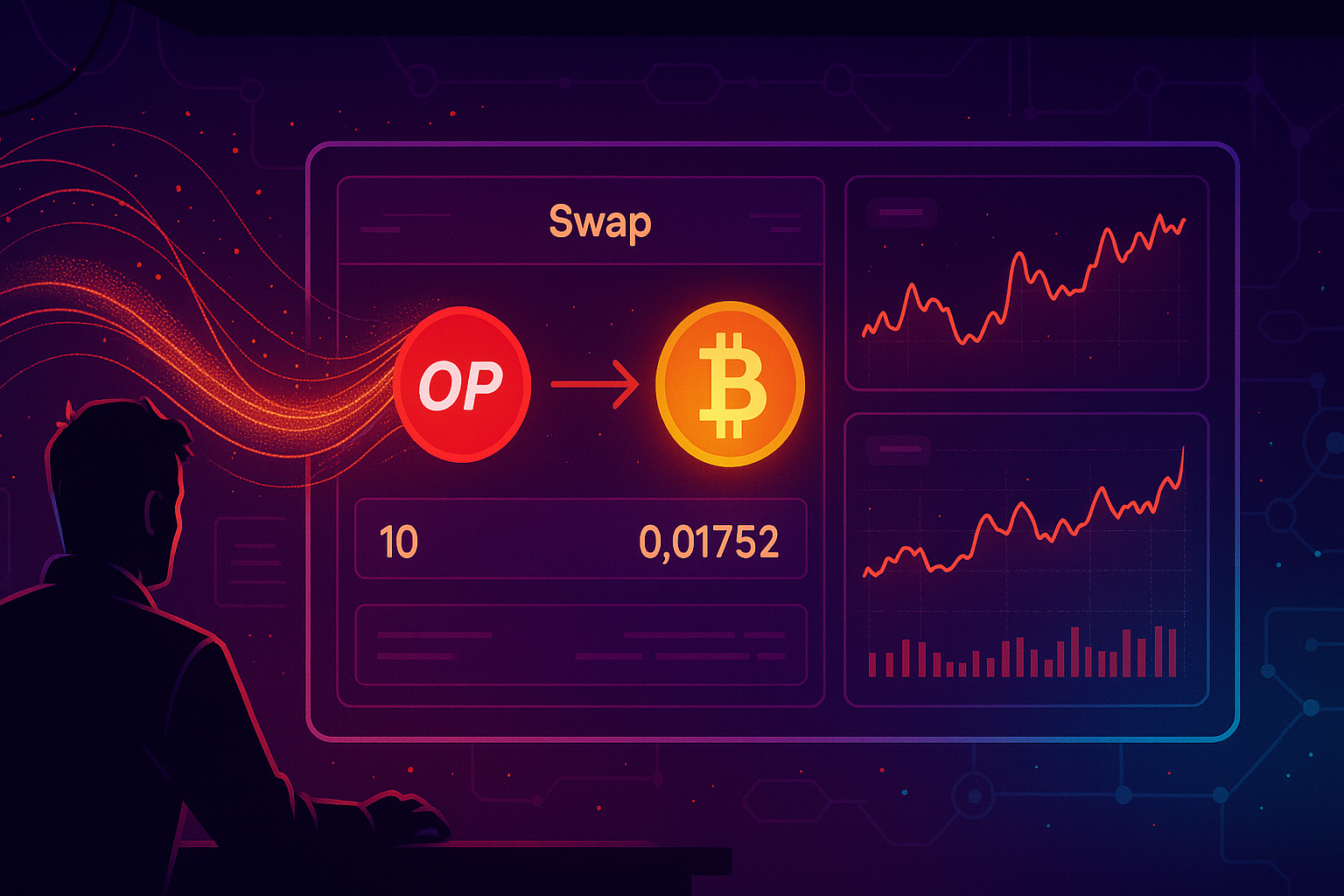 Futuristic DeFi dashboard visualizing an OP to BTC token swap