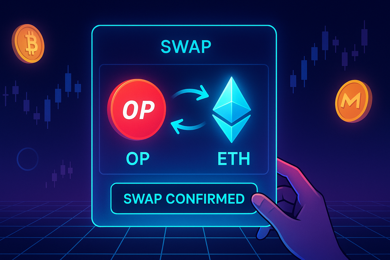 Futuristic DeFi dashboard showing OP to ETH swap confirmation