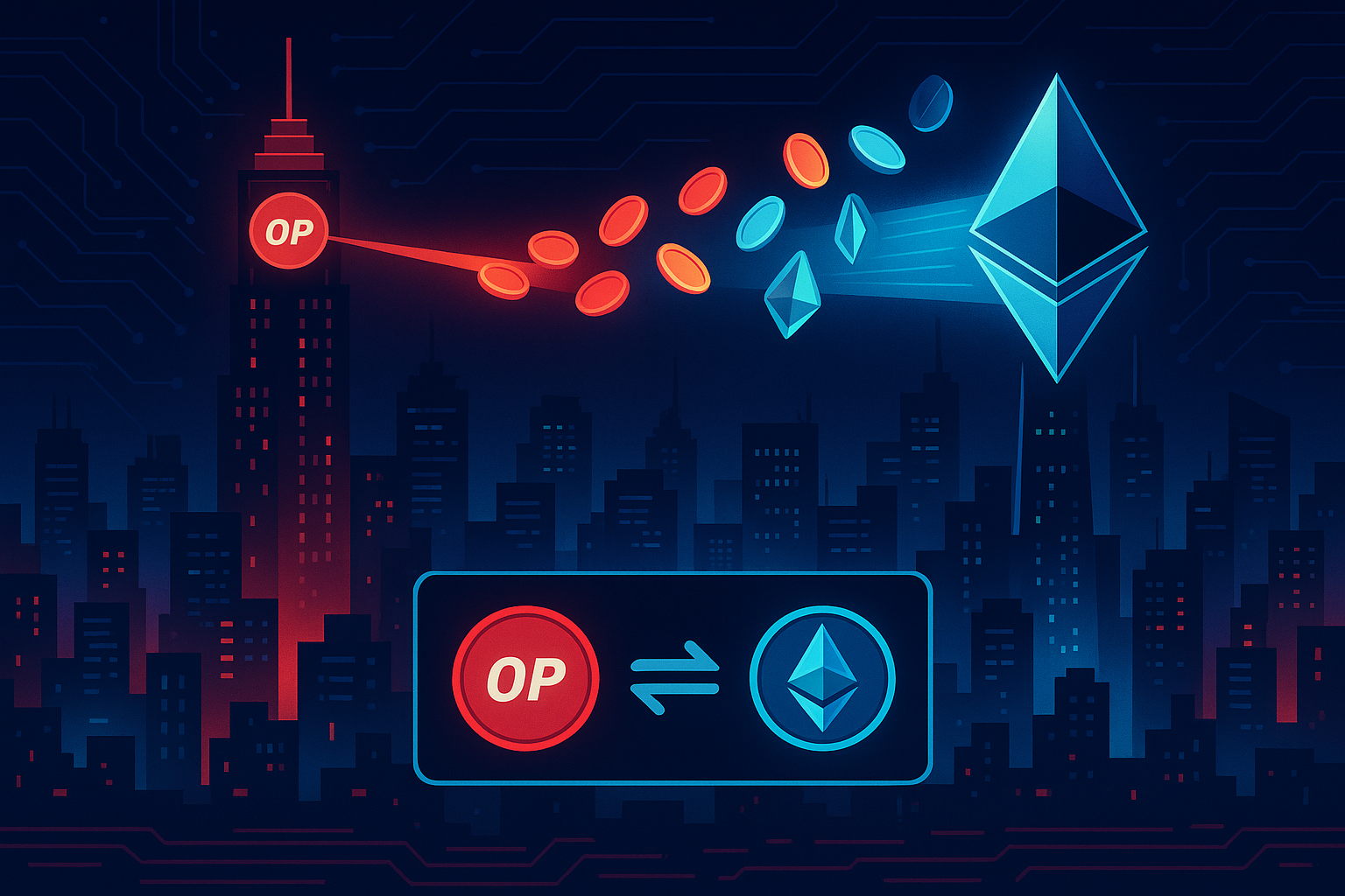 Neon crypto cityscape visualizing an OP to ETH swap on a DEX interface