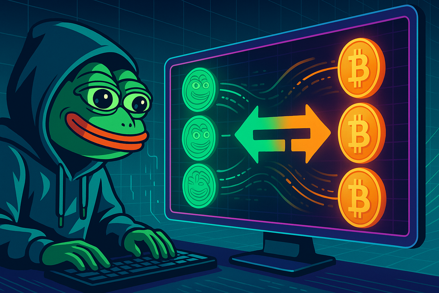 Pepe-style frog trader swapping meme coins to Bitcoin on neon crypto terminal
