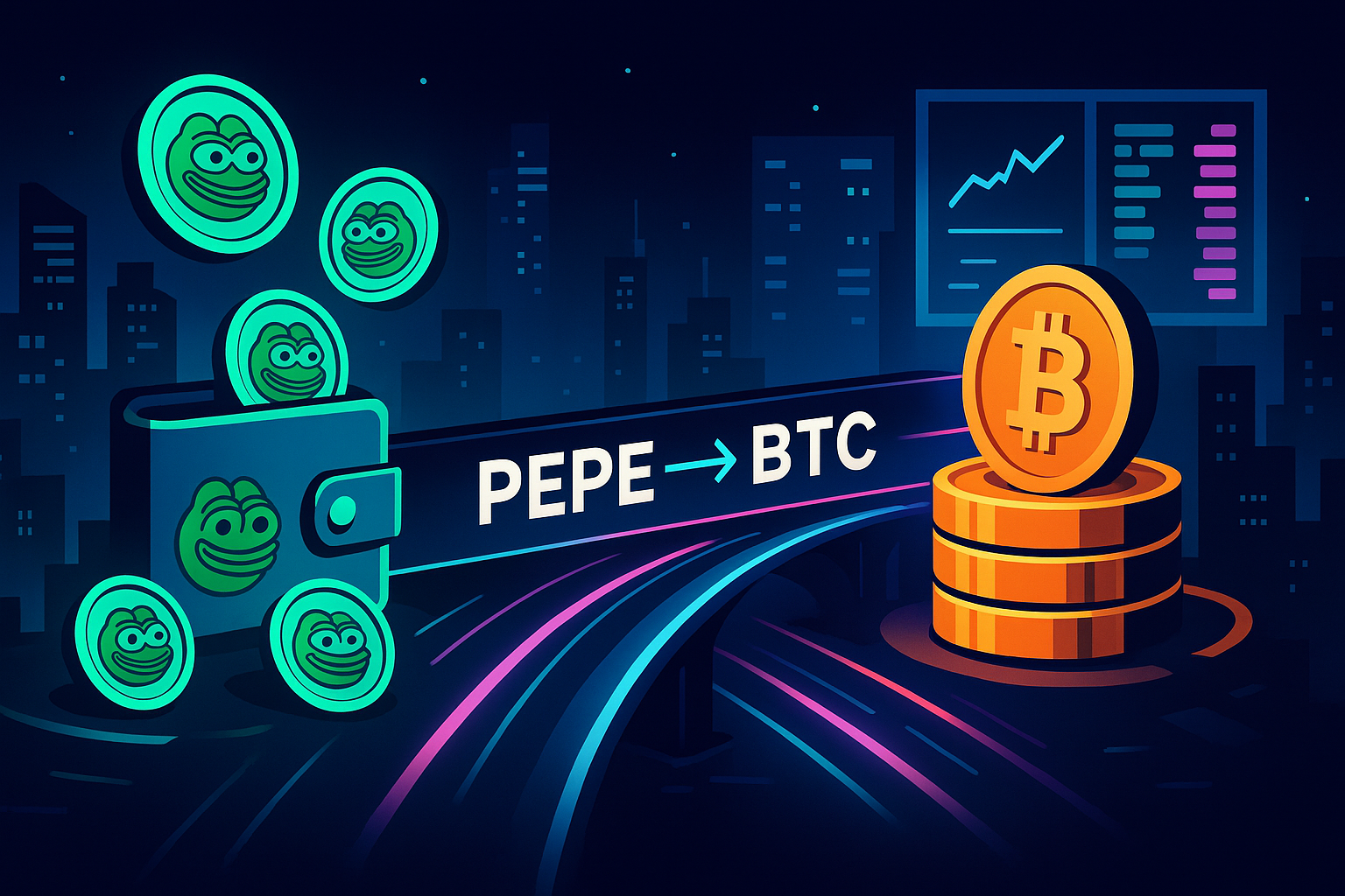 Illustration of a PEPE to BTC swap bridge connecting meme coin wallets to Bitcoin in a futuristic blockchain city