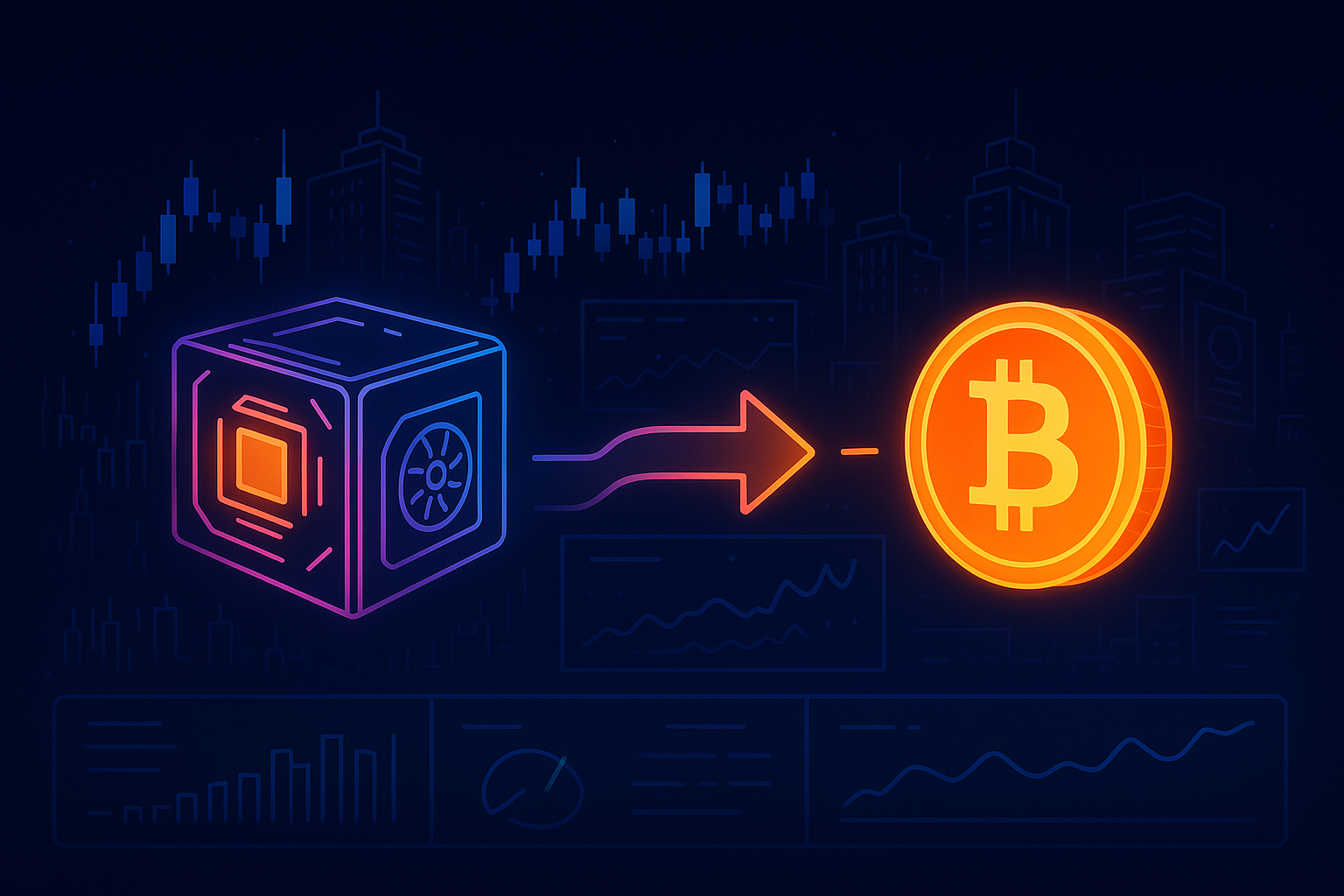 Futuristic crypto dashboard showing Render GPU cube swapping into Bitcoin coin