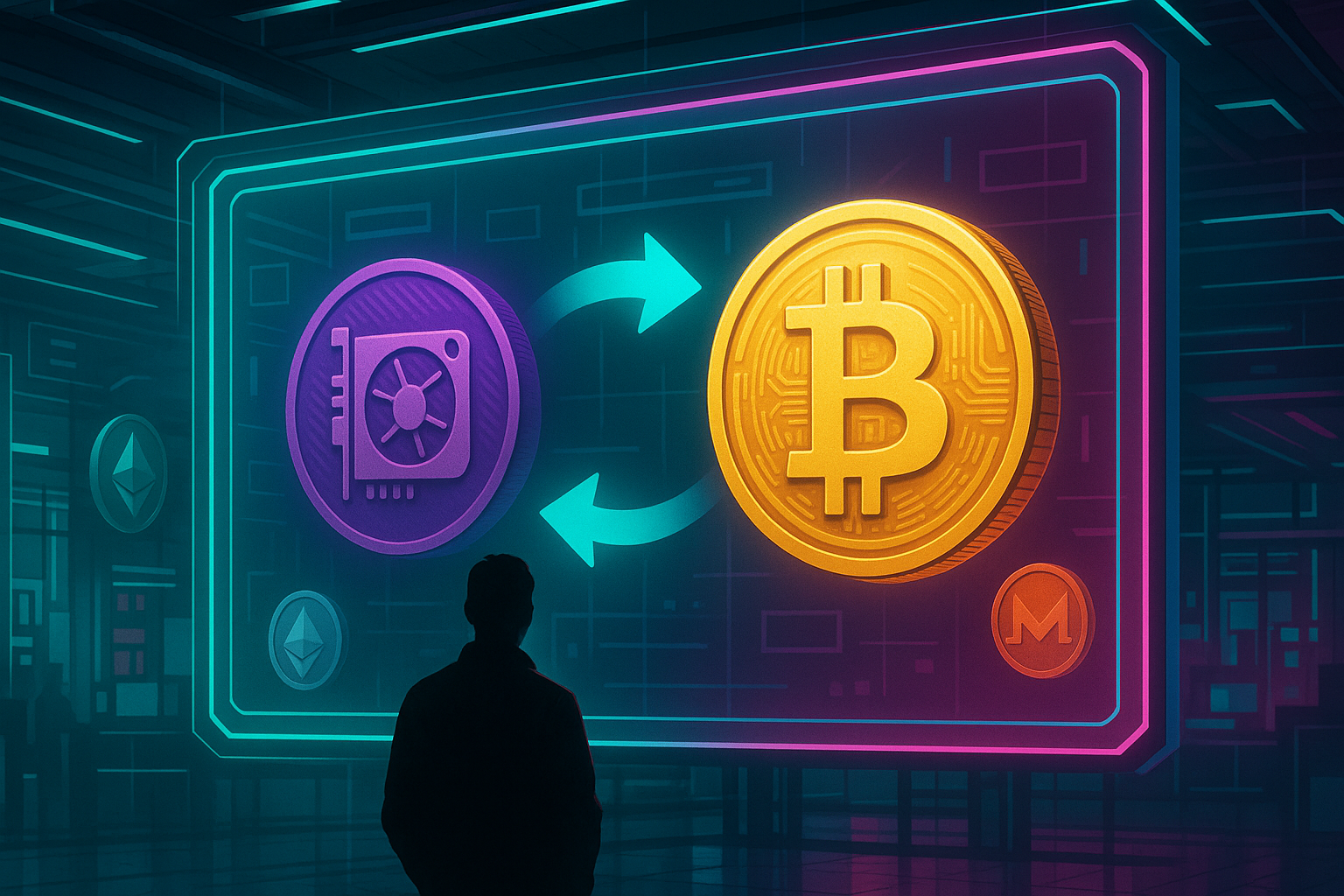 Cyberpunk crypto hub showing a render GPU token swapping to Bitcoin on a neon trading screen
