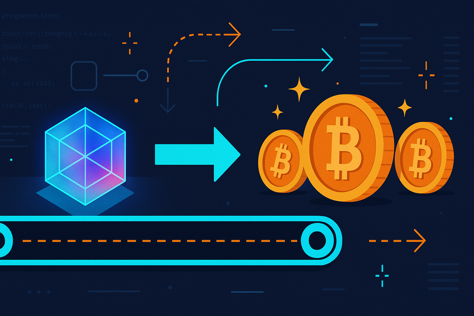 Abstract Render-to-Bitcoin swap conveyor with holographic cube and crypto coins