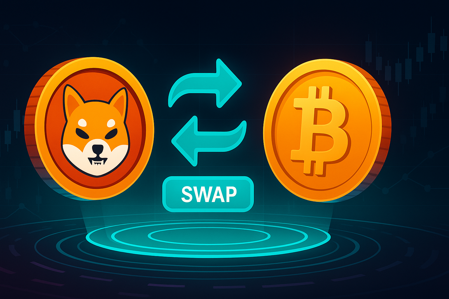 Shib to BTC swap banner with Shiba coin and Bitcoin-like coin over digital exchange UI