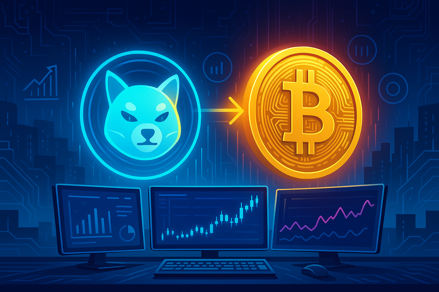 Futuristic trading desk showing Shiba Inu coin transforming into Bitcoin on cyber grid cityscape