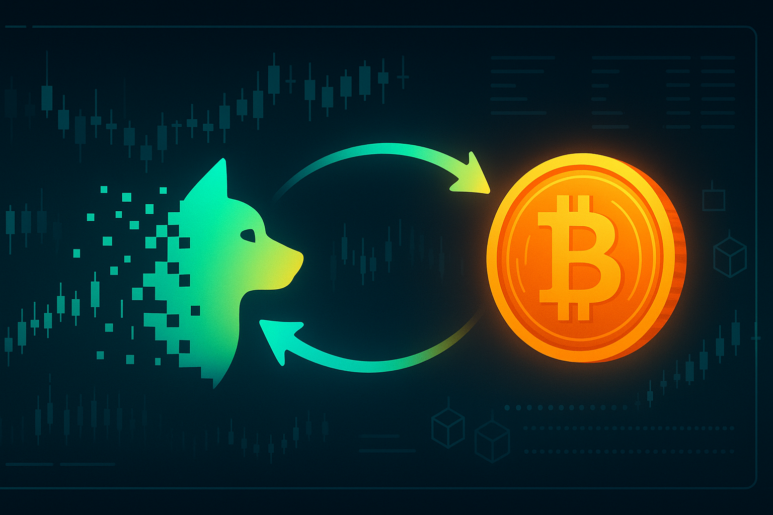 Shib to BTC swap concept with pixel Shiba Inu and Bitcoin coin linked by glowing arc