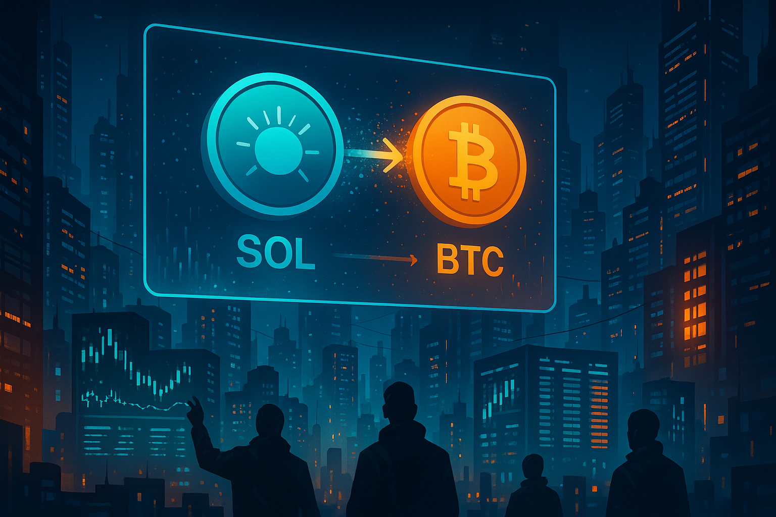 Cyberpunk city skyline with holographic SOL to BTC swap interface at night