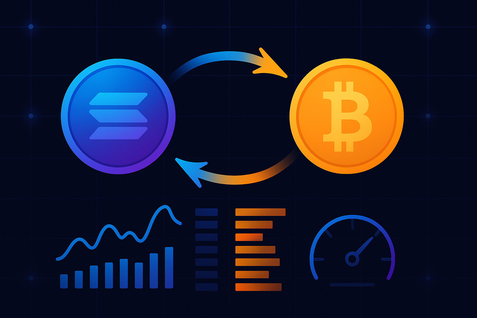 Minimalist SOL to BTC swap illustration with charts and speedometer