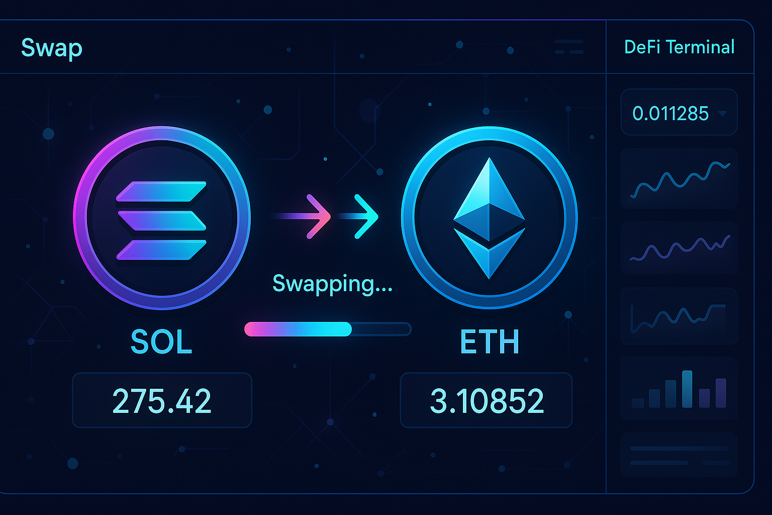 DeFi dashboard showing a SOL to ETH swap with neon progress indicators on dark background