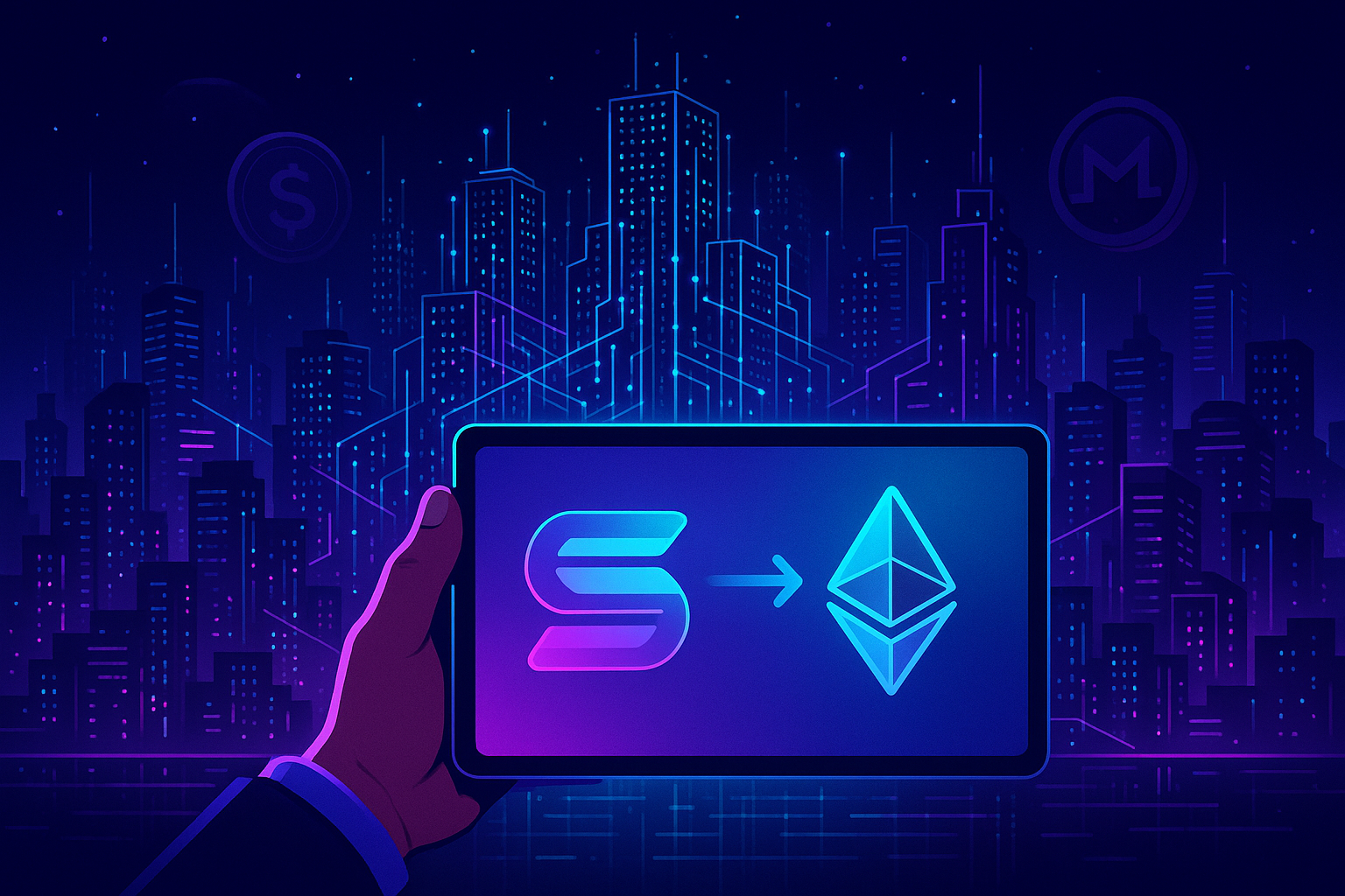 Cyberpunk crypto skyline with trader swapping SOL to ETH on tablet
