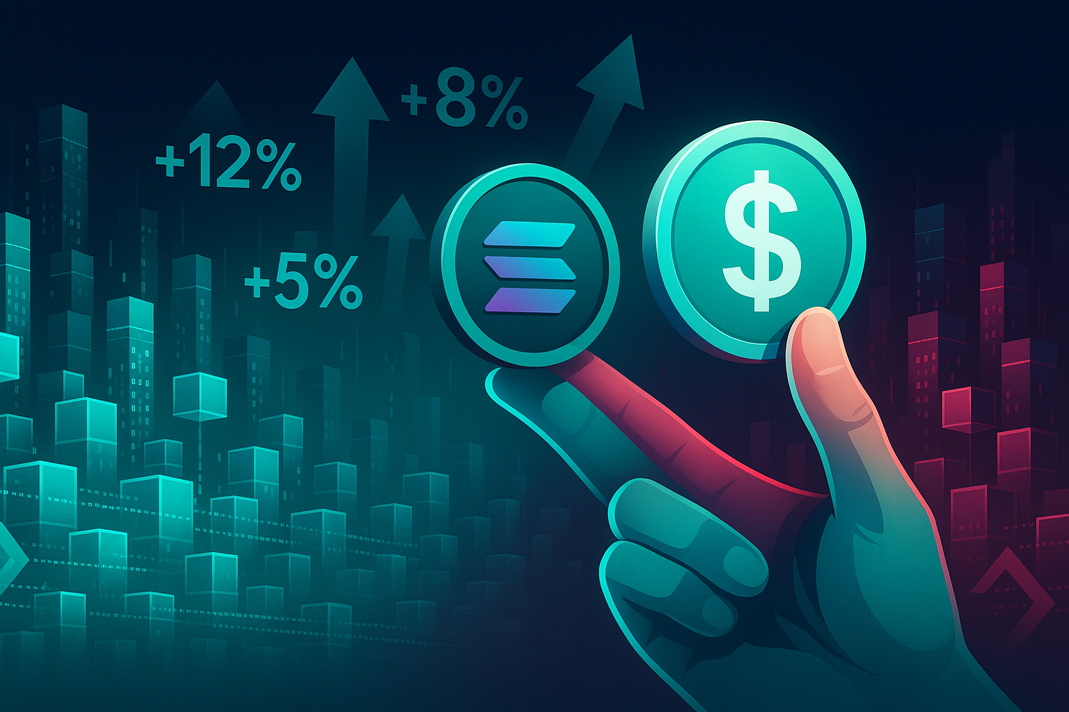 Digital crypto city with Solana coin morphing into USDT above data streams