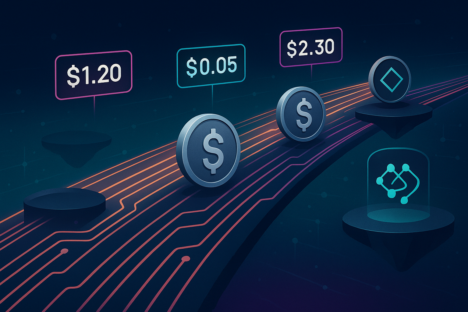 Futuristic blockchain highway showing stablecoin transfers and cross-network fees