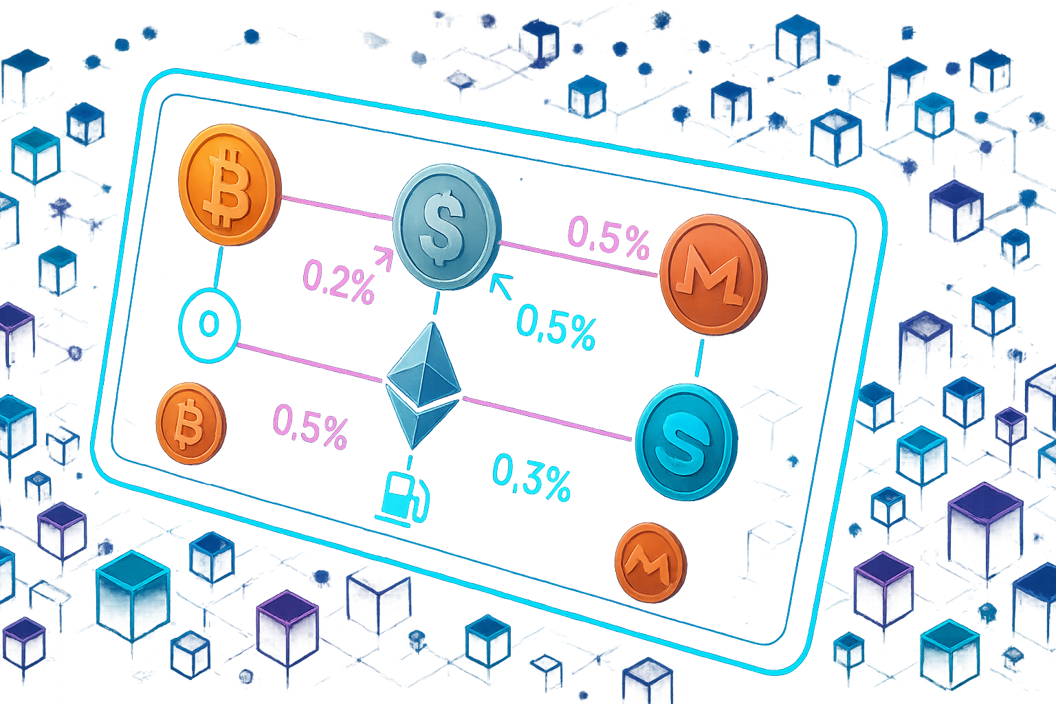 Cyberpunk dashboard showing stablecoin transfers across crypto networks with fee percentages