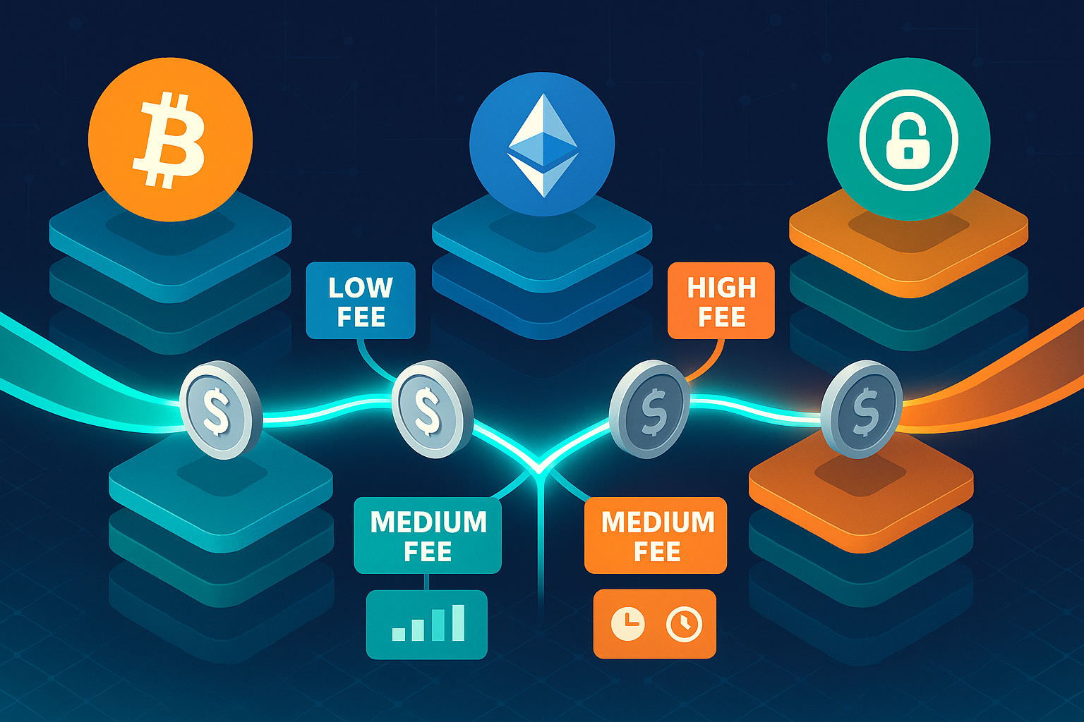 Illustration of stablecoins moving across blockchains with different network fees and speeds
