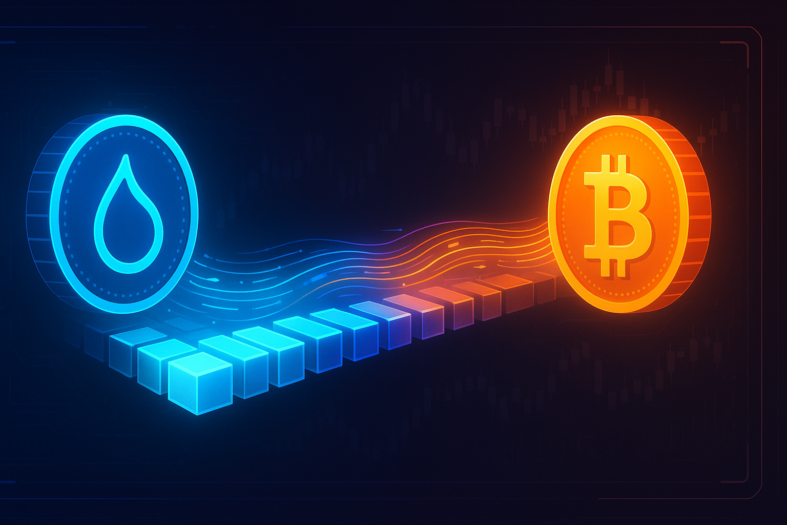 Digital bridge of glowing blocks swapping SUI-like coin to BTC-like coin