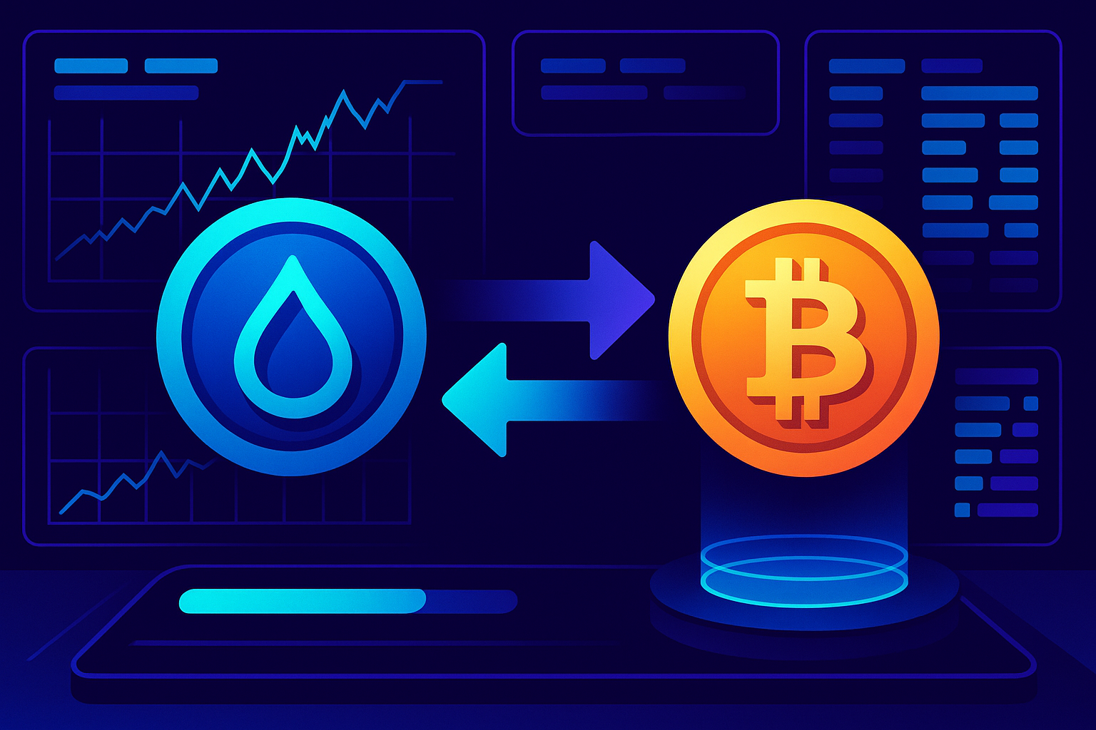 Futuristic crypto dashboard showing SUI to BTC swap with charts and swap progress